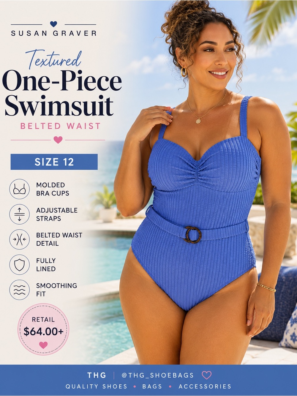 Susan Graver Textured Belted One-Piece Swimsuit Blue Size 12